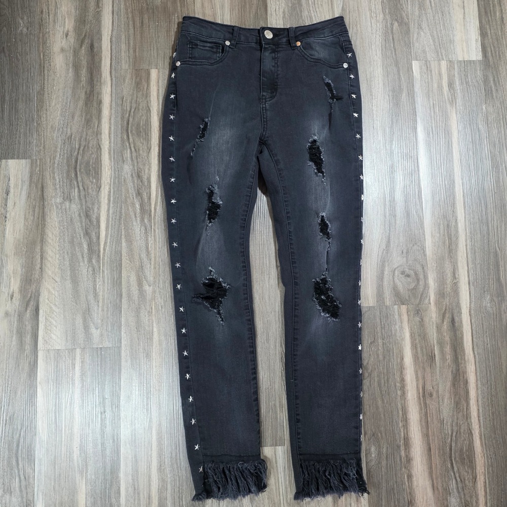 Romeo +‎ Juliet Couture Black Distressed Star Studded Fringe Hem Skinny Jeans S